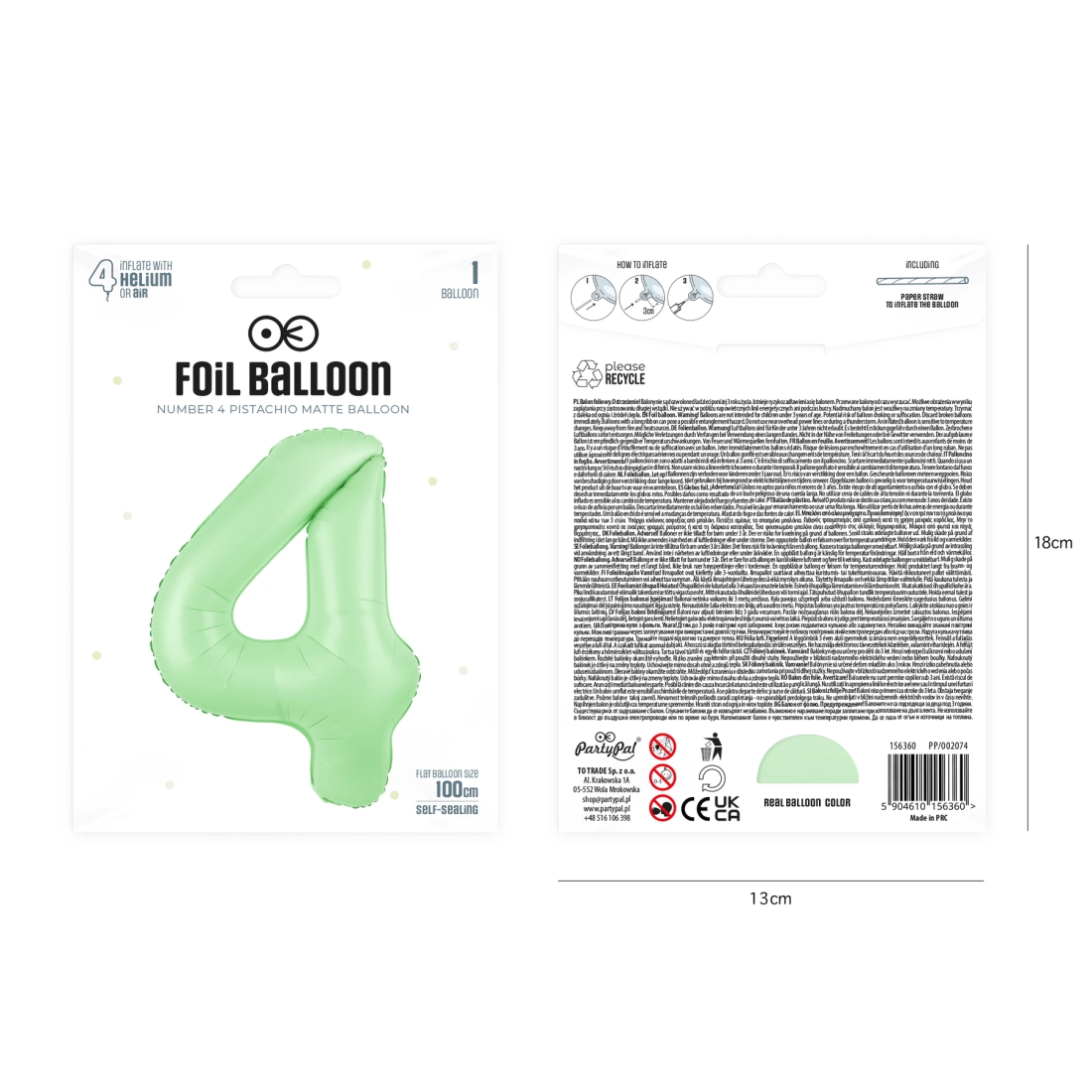 Balon din folie cifră 4, pistachio mat, 100 cm – decorațiune pentru ziua de naștere