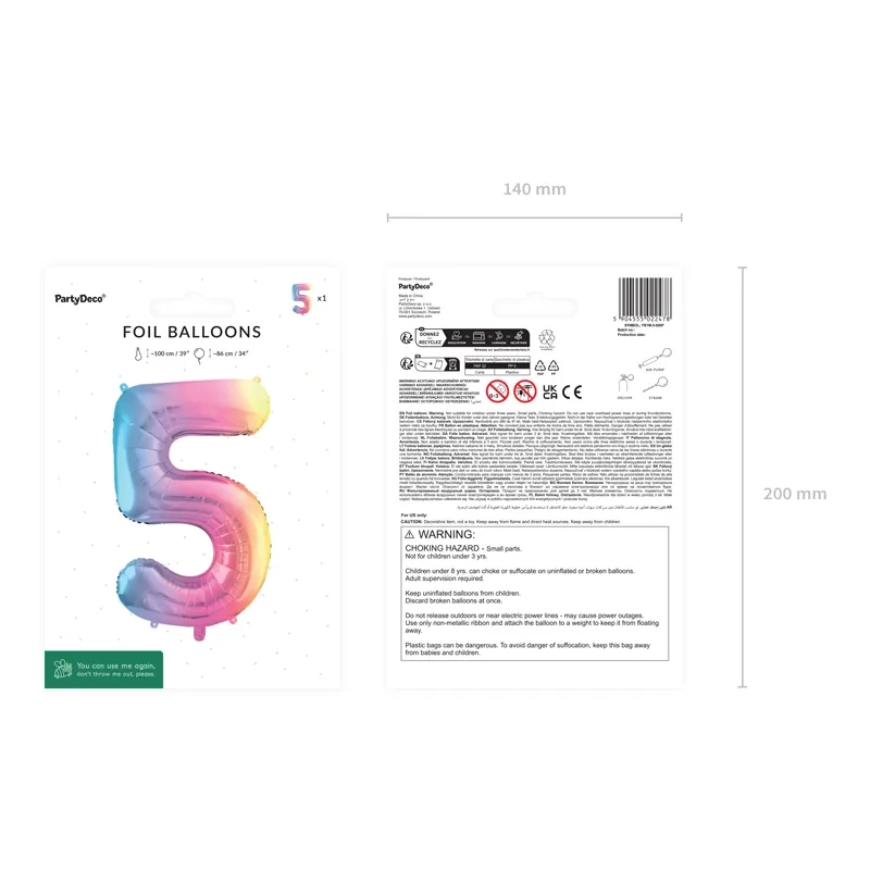 Szivárvány pasztell fólia lufi 5-ös szám, 86 cm