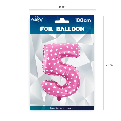 Folijasti balon številka 5 z rožnatimi srčki 100 cm
