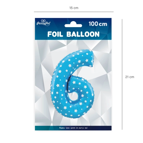 Folijski balon številka 6 z modrimi zvezdicami 100 cm