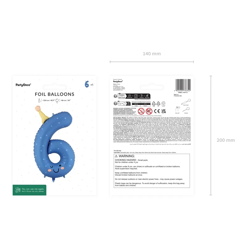 Kék matt fólia lufi 6-os szám, születésnapra, 86 cm
