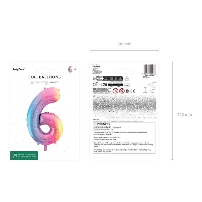 Balon folie cifră 6, curcubeu pastel, 86 cm