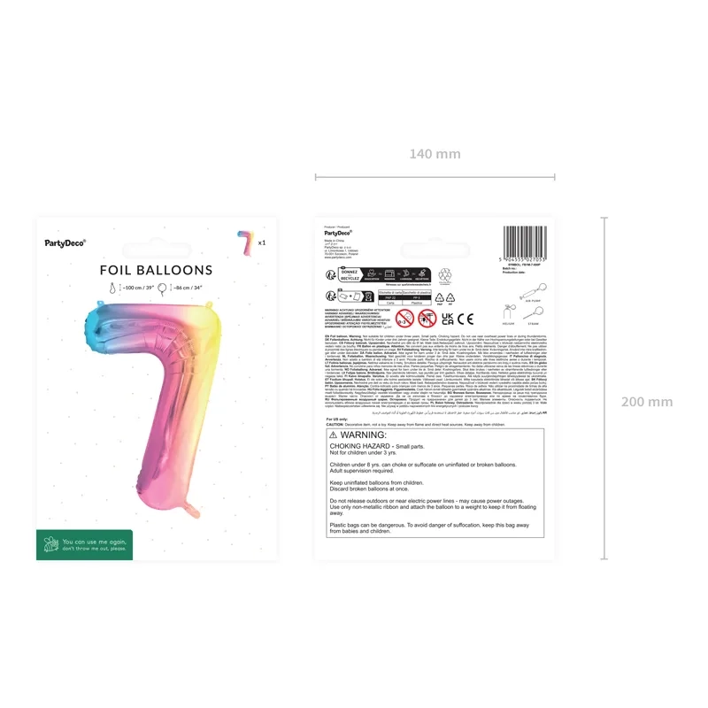 Szivárványos fólia lufi 7-es szám, 86 cm
