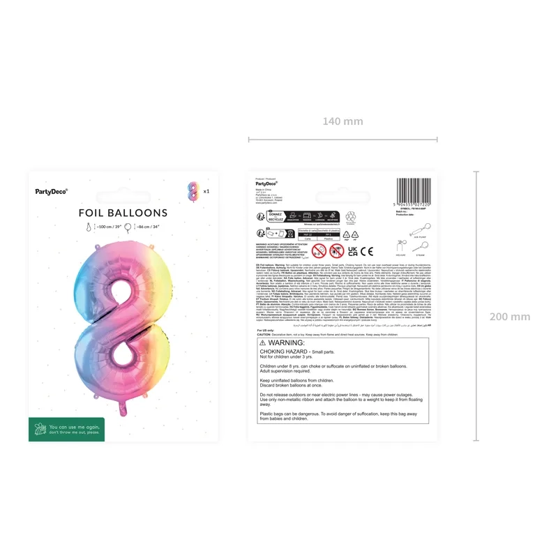 Folija balon številka 8 pastel mavrica 86 cm