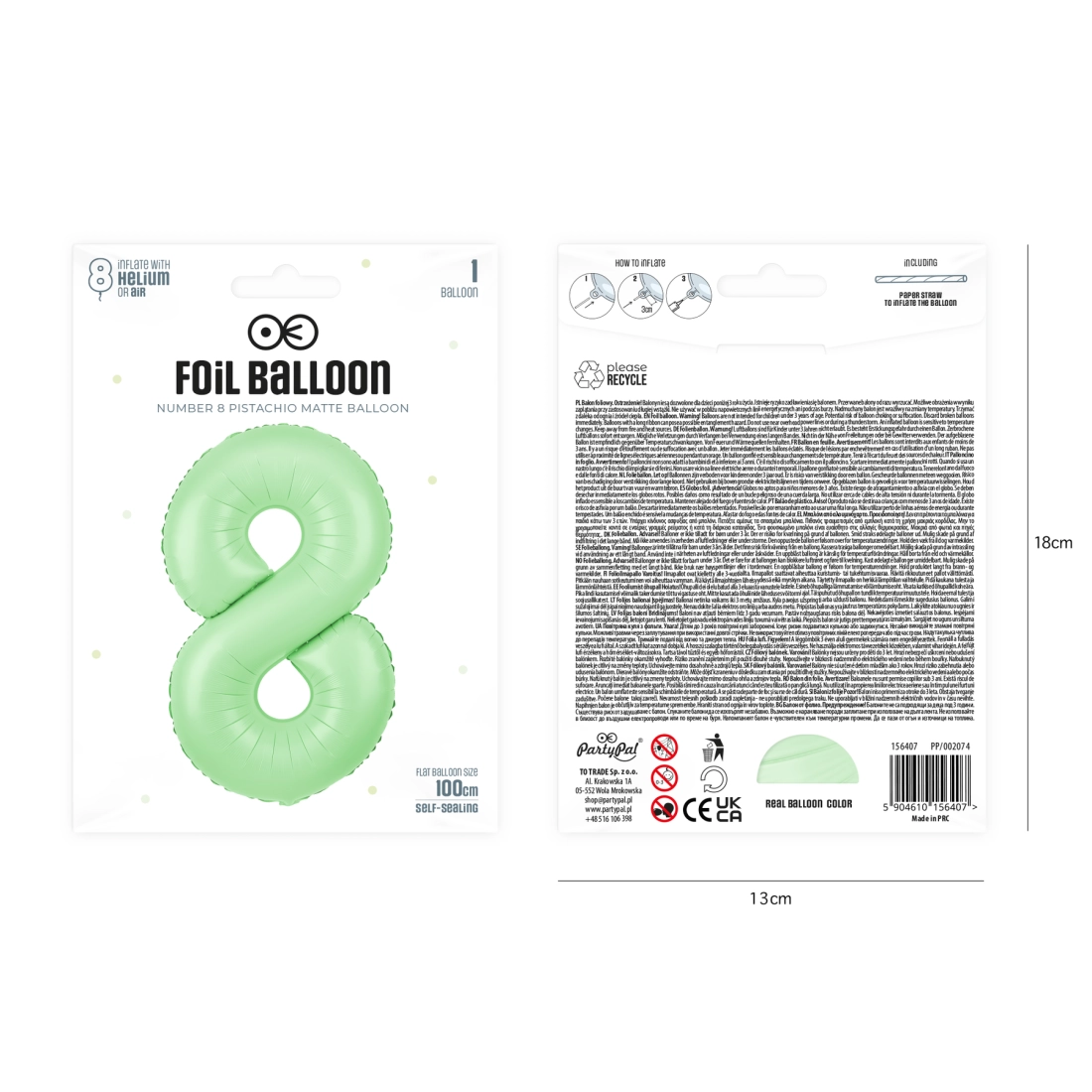 Balon folie cifră 8, pistachio mat, 100 cm - decorațiune pentru aniversare