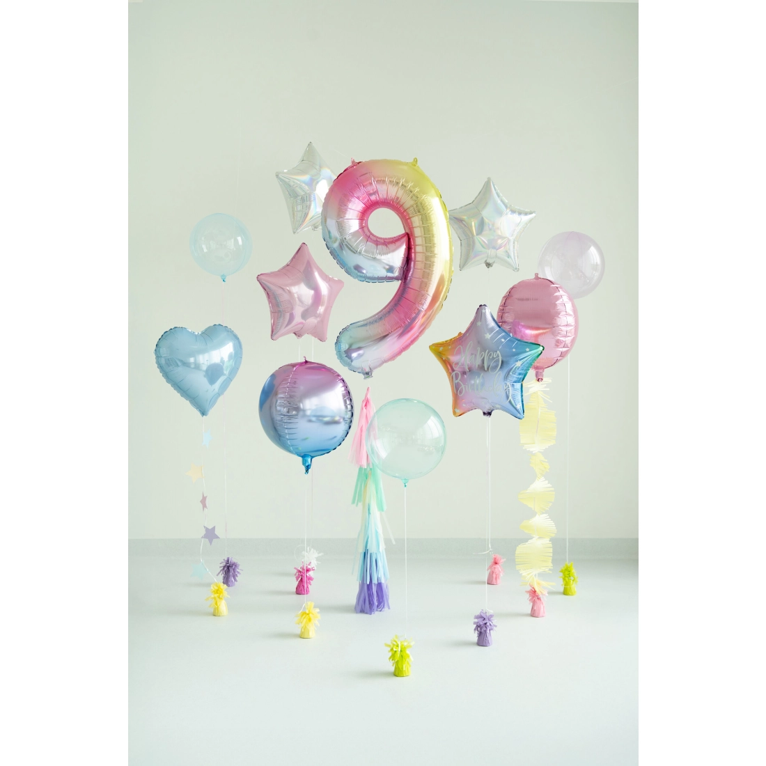 Szivárványos fólia lufi 9-es szám, 86 cm