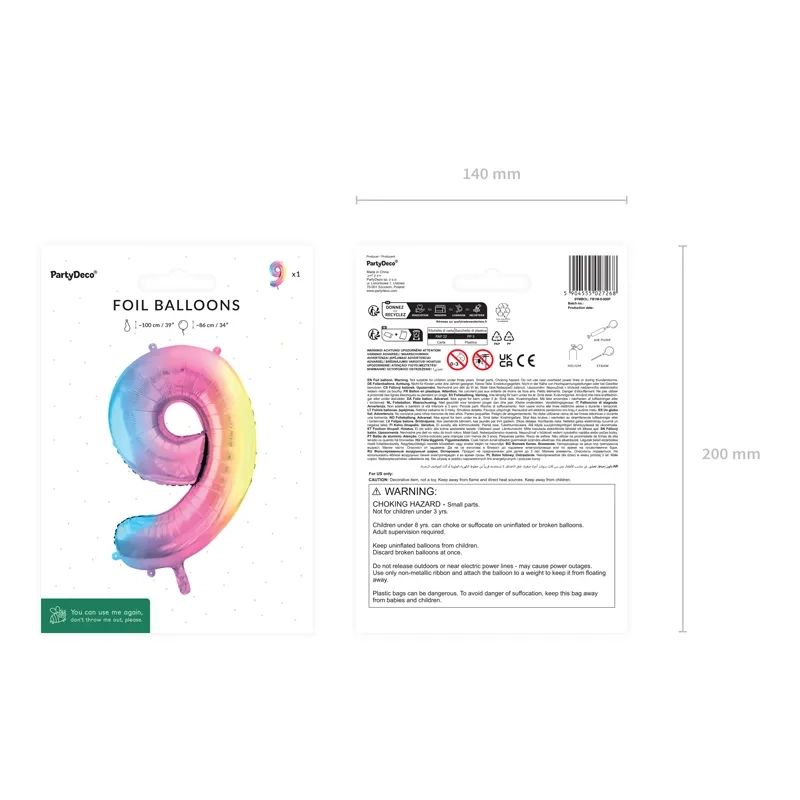 Szivárványos fólia lufi 9-es szám, 86 cm