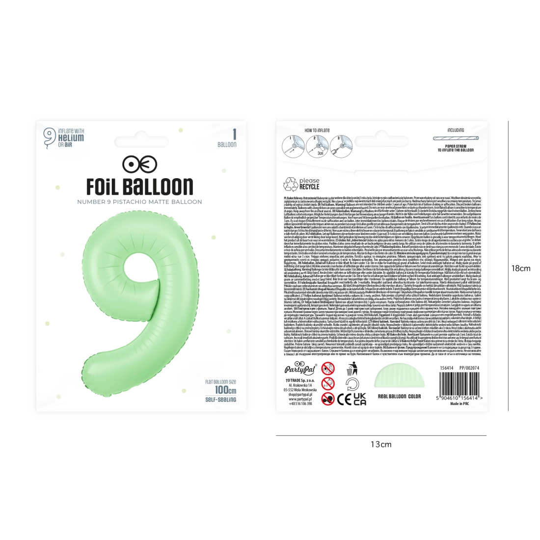 Fólia lufi 9-es szám, pisztácia matt, 100 cm – születésnapi dekoráció