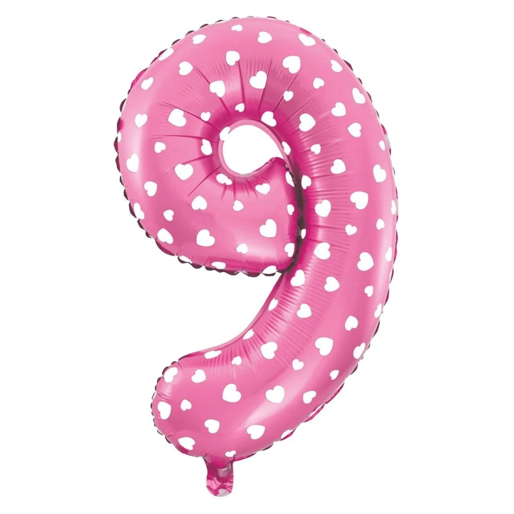 Folijski balon številka 9 s srčki, rožnat, 100 cm