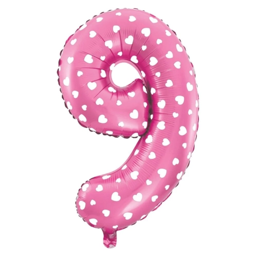 Folijski balon številka 9 s srčki, rožnat, 100 cm