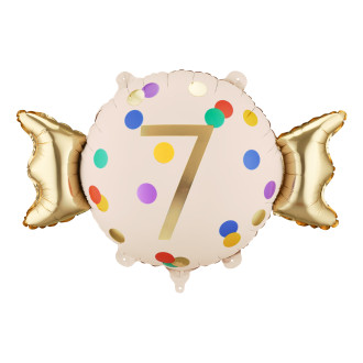 Fóliový balón cukrík číslo 7 béžovo-zlatý 61 x 37 cm