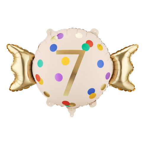 Fóliový balón cukrík číslo 7 béžovo-zlatý 61 x 37 cm
