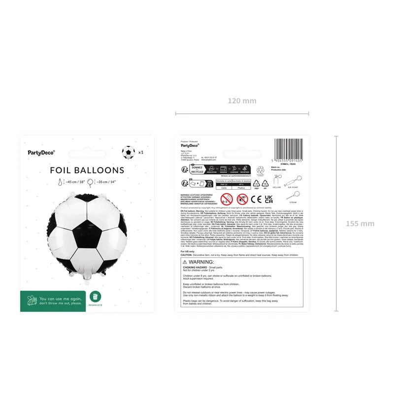 Fólia lufi futball labda 35 cm – fekete-fehér, héliummal és levegővel is fújható