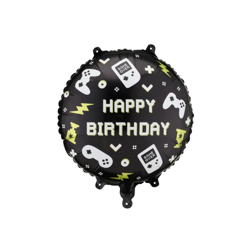 Fóliový balón Happy Birthday 35×35 cm čierny s hernými motívmi