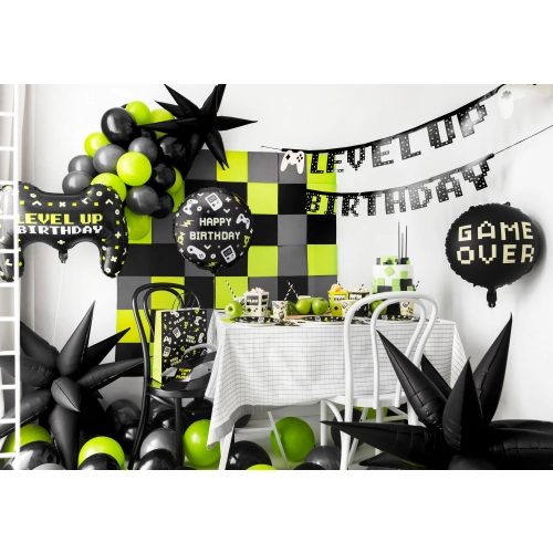 Balon din folie „Happy Birthday” 35×35 cm, negru cu motive de joc