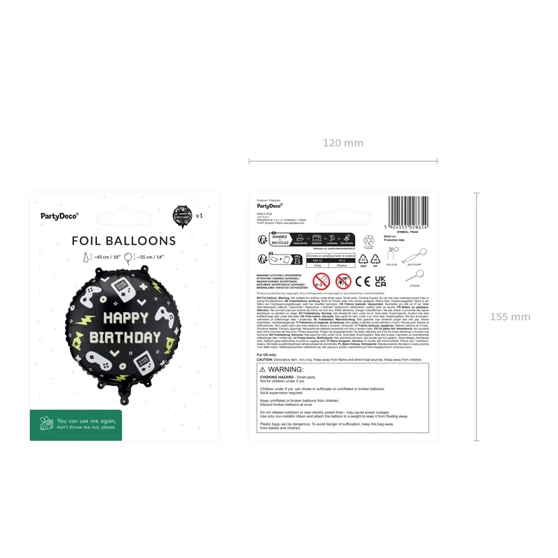Fóliový balón Happy Birthday 35×35 cm čierny s hernými motívmi