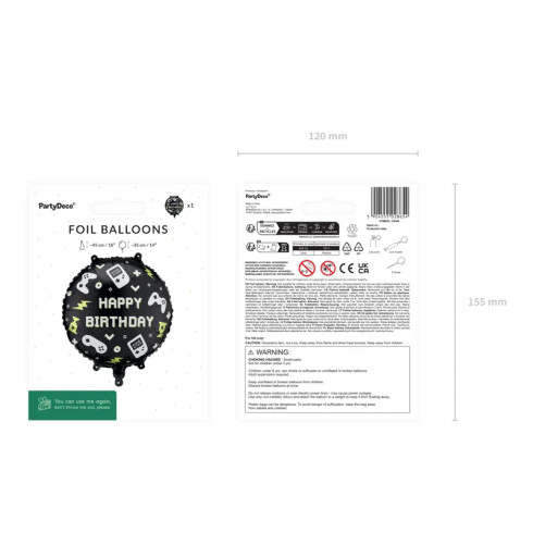 Fóliový balón Happy Birthday 35×35 cm čierny s hernými motívmi