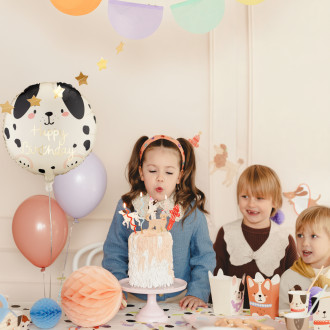 Fóliový balón Happy Birthday psík, krémovo‑čierny 35×35 cm