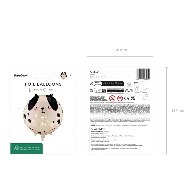 Happy Birthday fólia lufi kutyussal, krém‑fekete, 35×35 cm