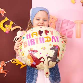 Folijski balon Happy Birthday s konjički 45 cm
