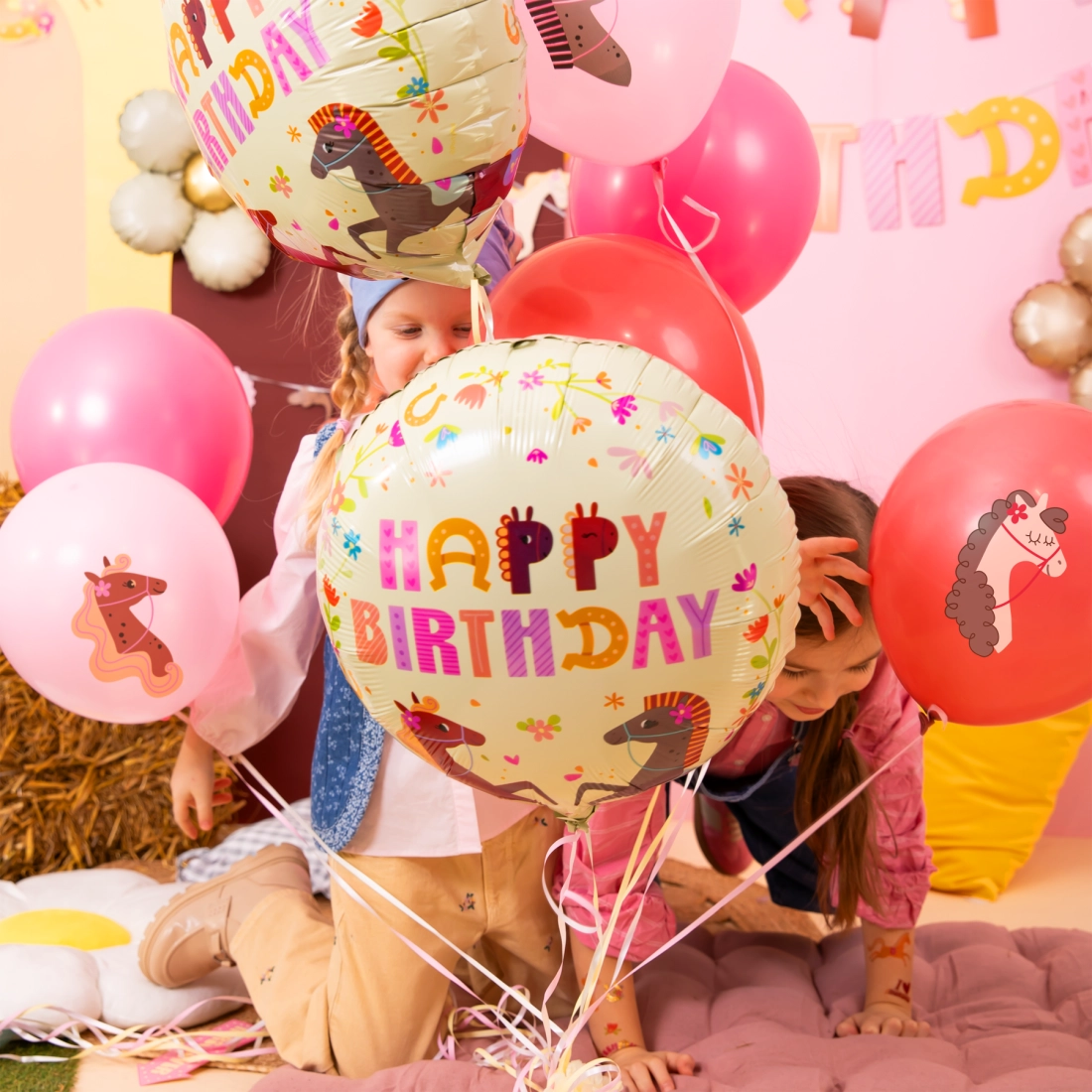 Happy Birthday fólia lufi lovakkal, 45 cm