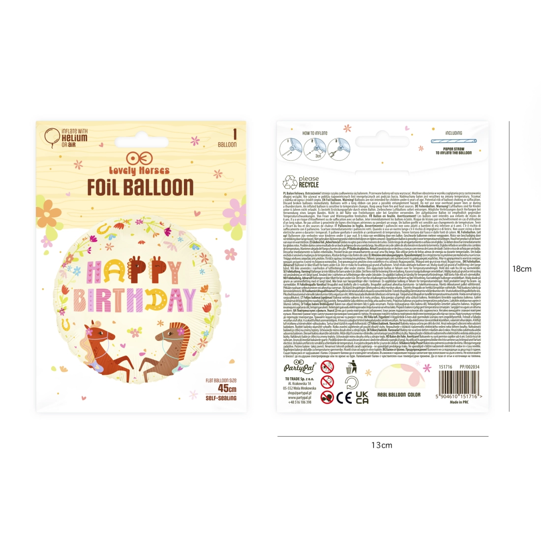 Happy Birthday fólia lufi lovakkal, 45 cm