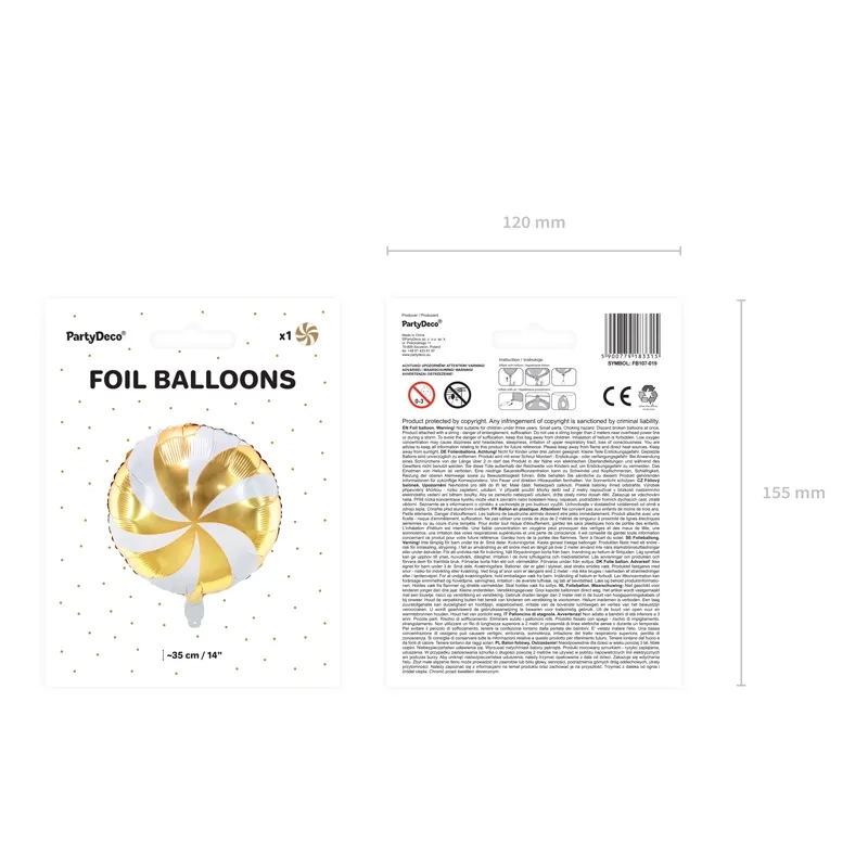 Balon folie Lollipop alb-auriu, 35 cm, finisaj mat