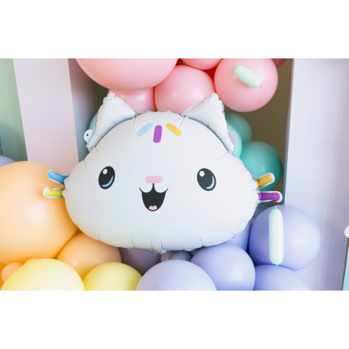 Cica alakú fólia lufi, 67x43 cm, színes mintával