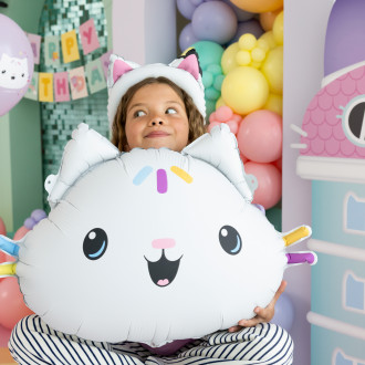 Cica alakú fólia lufi, 67x43 cm, színes mintával