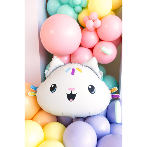 Cica alakú fólia lufi, 67x43 cm, színes mintával