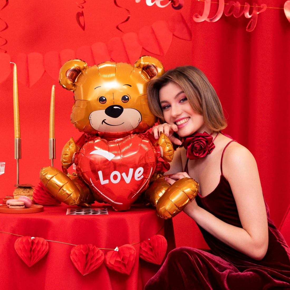 Balon folie ursuleț cu inimă love, decorațiune