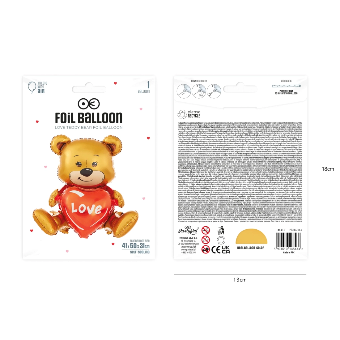 Balon folie ursuleț cu inimă love, decorațiune