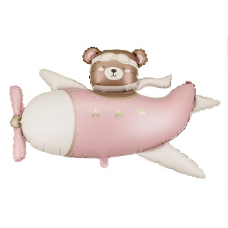 Folija balon medvjedić u avionu svijetloružičasti