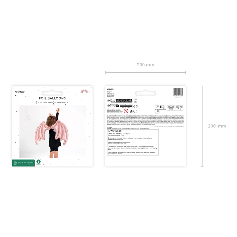 Fóliová balónová křídla netopýra růžová holografická 85x50 cm na záda