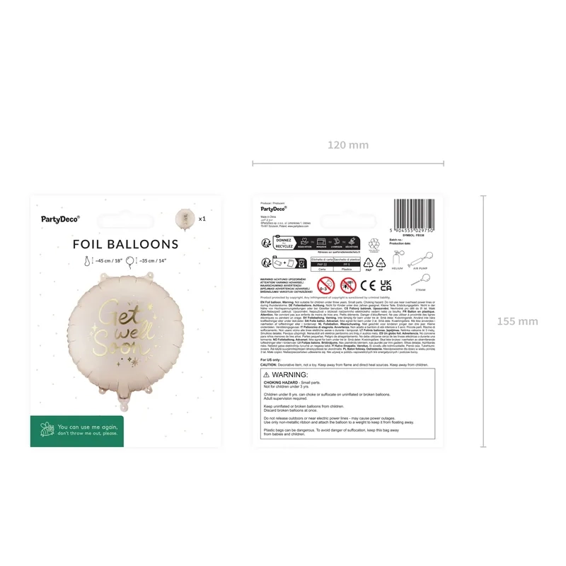 Kerek fólia lufi Get Well Soon, színmix