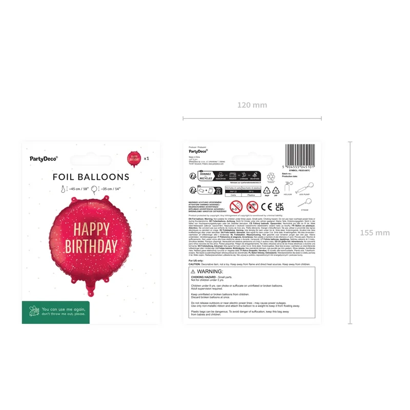 Balon rotund din folie Happy Birthday, roșu închis