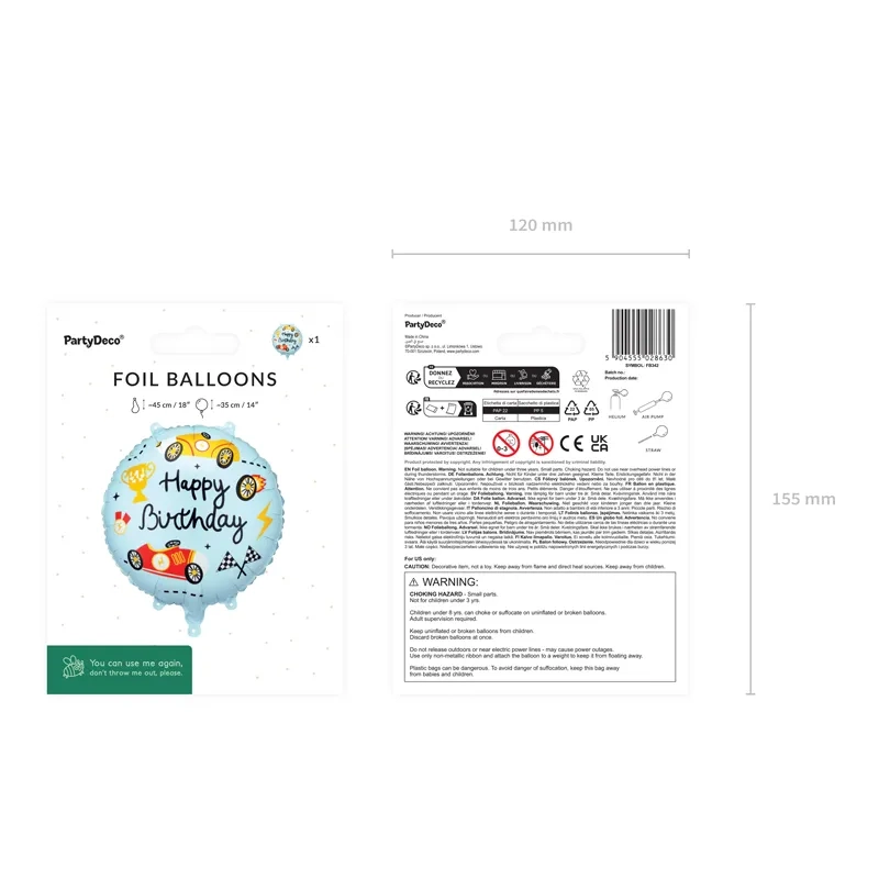 Kerek fólia lufi Happy Birthday versenyautós motívummal, vegyes minták