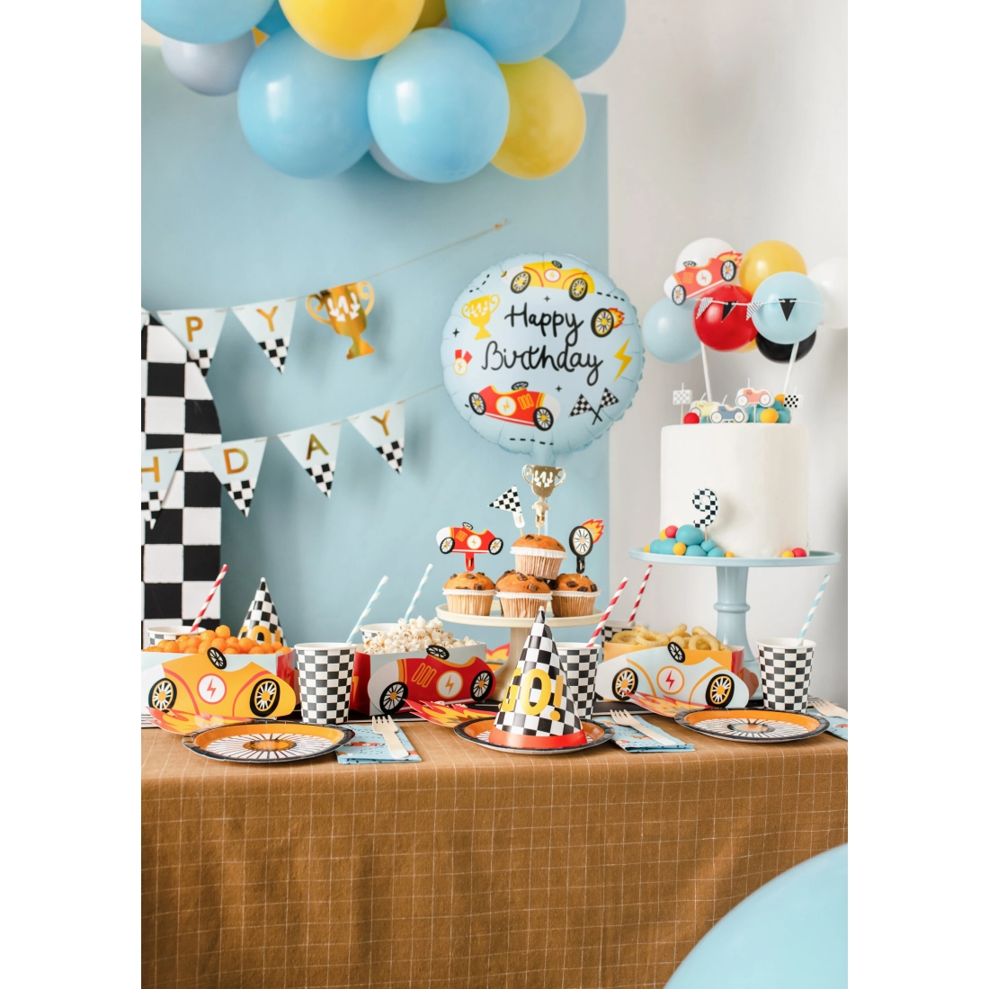 Kerek fólia lufi Happy Birthday versenyautós motívummal, vegyes minták