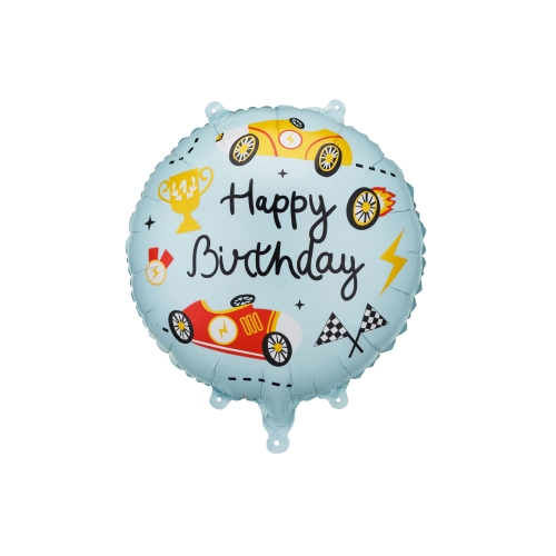 Balon rotund din folie „Happy Birthday” cu motiv de curse, mix