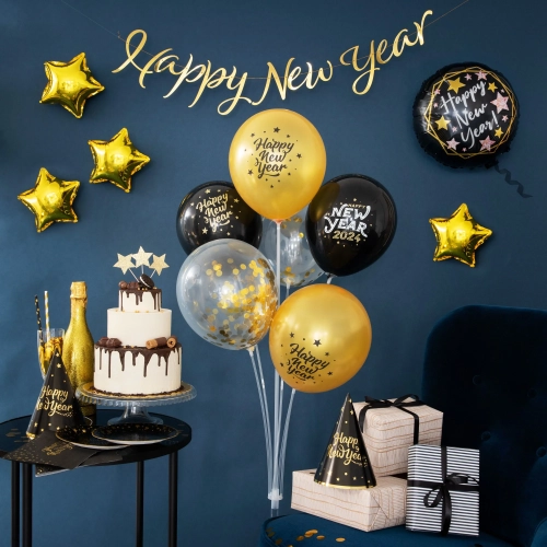 Fóliový balón okrúhly Happy New Year čierny