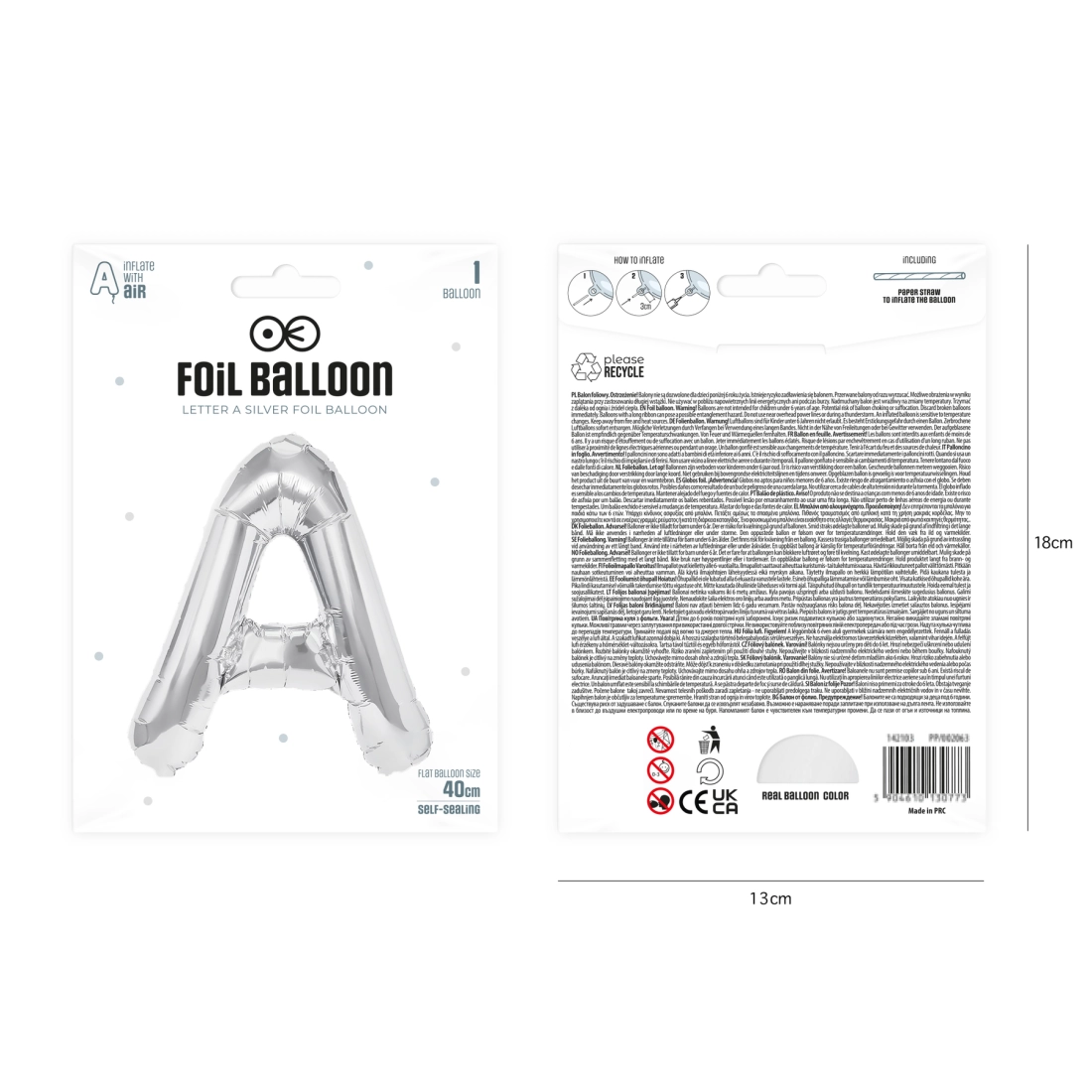 Fólia lufi „A” betű, ezüst, 40 cm