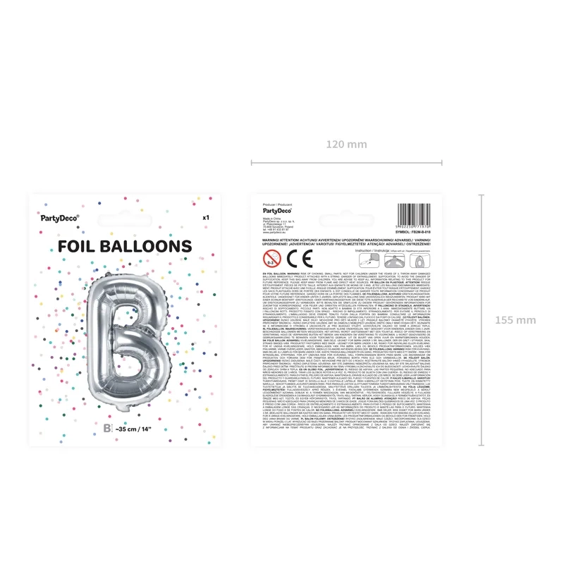 Ezüst fólia lufiballon B betű, 35 cm