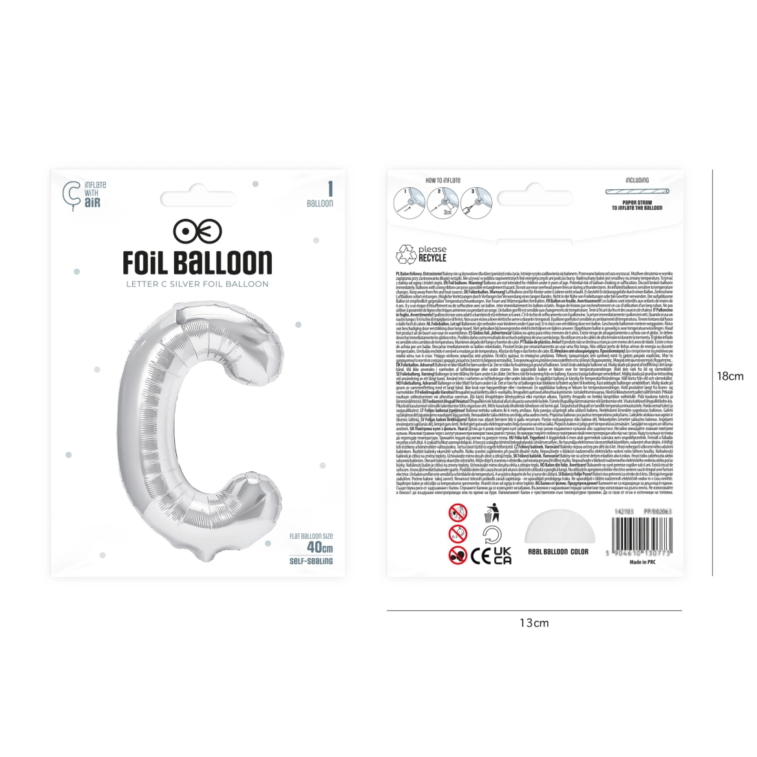 Ezüst fólia léggömb C betű, 40 cm