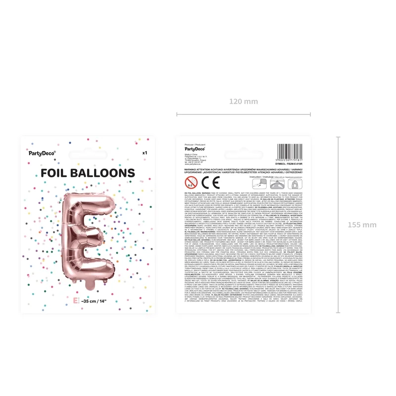 Fólia lufi E betű, rose gold, 35 cm