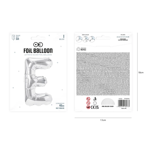 E betű alakú ezüst fólia lufi, 40 cm