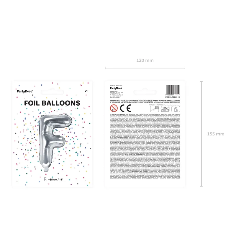 Ezüst fólia léggömb F betű, 35 cm