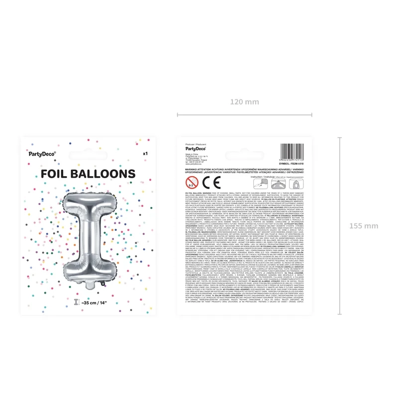 Ezüst fólia lufi I betű, 35 cm