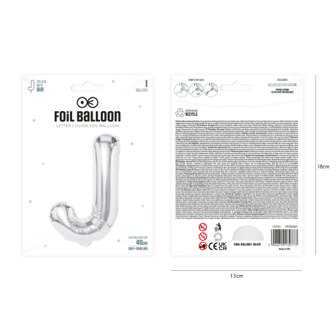 Fólia lufi betű J, ezüst, 40 cm Fólia lufi betű J, ezüst, 40 cm