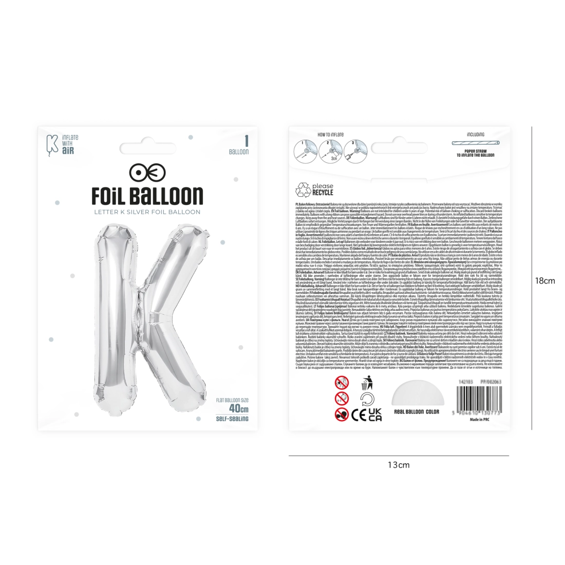 Fólia lufi betű K, ezüst, 40 cm