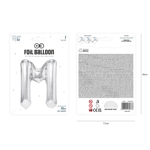 Fólia lufi M betű, ezüst, 40 cm